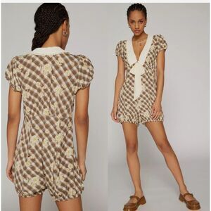 Kimchiblue Brown Gingham Floral Tie-Front Romper with Cream Collar Sz Large
